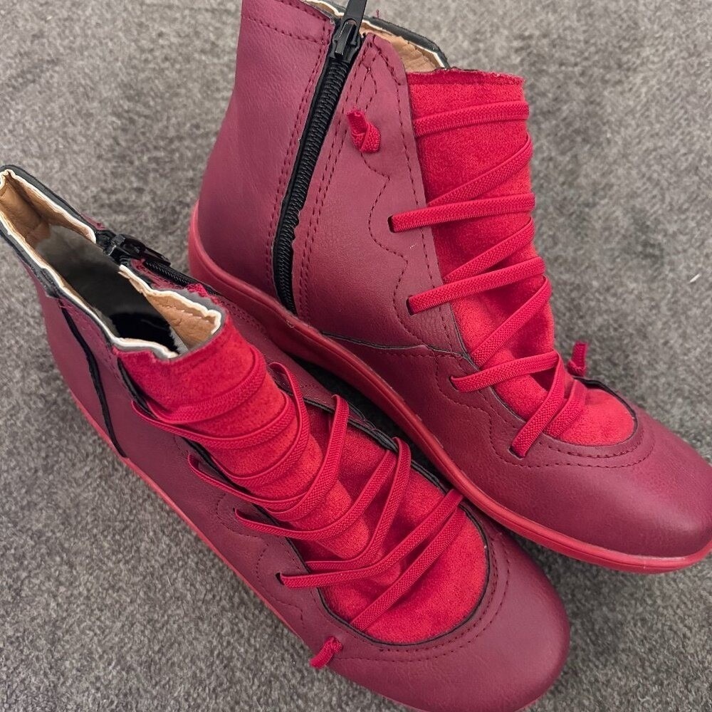 Red Lace Up Ankle Sneaker Boots Women's 8 Est Side Zip Flat Casual Shoes
